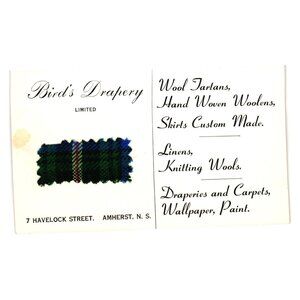 Birds Drapery Advertising Postcard Wool Tartan Fabric Sample Amherst Nova Scotia